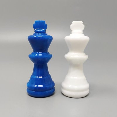 1970s Gorgeous Sky Blue and White Chess Set in Volterra Alabaster Handmade. Made in Italy
