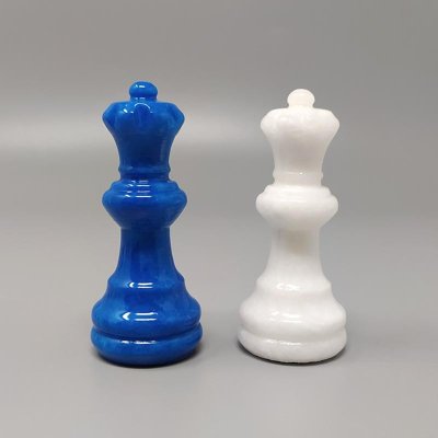 1970s Gorgeous Sky Blue and White Chess Set in Volterra Alabaster Handmade. Made in Italy