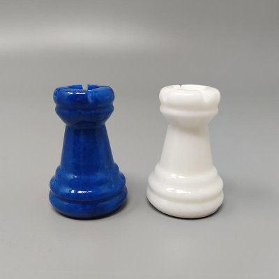 1970s Gorgeous Sky Blue and White Chess Set in Volterra Alabaster Handmade. Made in Italy