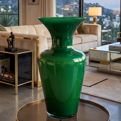 1970s Italian Murano Blown Glass Emerald Green Vase by Maestro del Vetro.