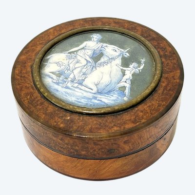 Miniature round Amboina magnifying glass case, European origin, J. Lalande, 19th century