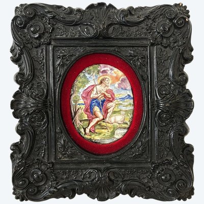 18th-century Limoges oval enamel plate with a painted portrait of Saint John the Baptist and a lamb
