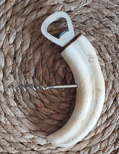 Warthog tusk mounted in a corkscrew shape and bottle opener