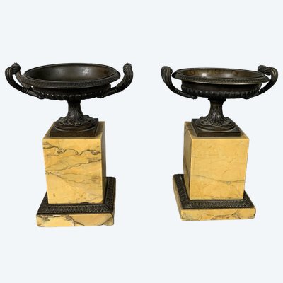 Pair of Charles X-era bowls made of Sienna yellow marble; restored  