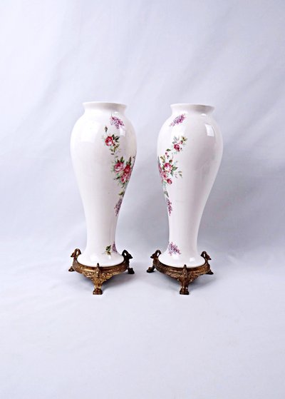 Pair of Limoges porcelain vases with floral decoration and gilded bronze mounts, late 19th century