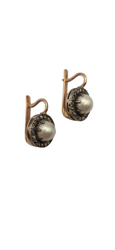 Orecchini antichi in stile imperiale russo, oro 56K, argento, diamanti e perle