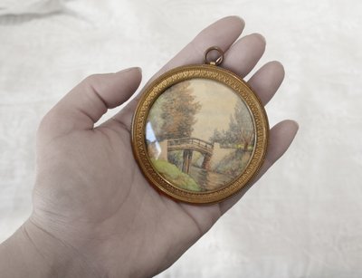 Rundansicht-Miniatur, Landschaft, Aquarell, Ende des 19. Jahrhunderts