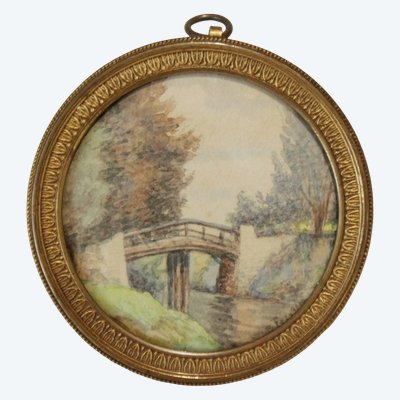 Late 19th-century watercolor landscape miniature with a panoramic view