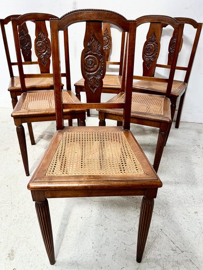Set of six Art Deco chairs in solid walnut, 20th century