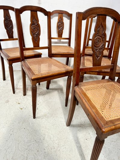Set of six Art Deco chairs in solid walnut, 20th century