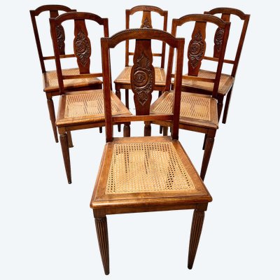 Set of six Art Deco chairs in solid walnut, 20th century