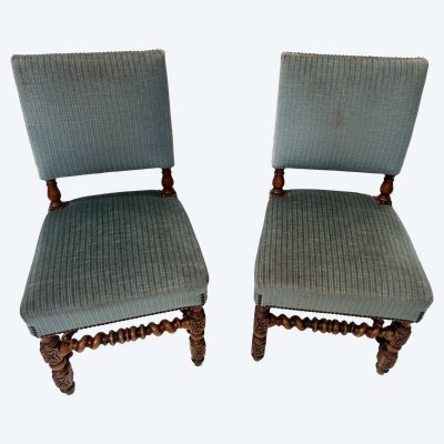Pair of 19th-century Louis XIII-style oak chairs with twisted legs