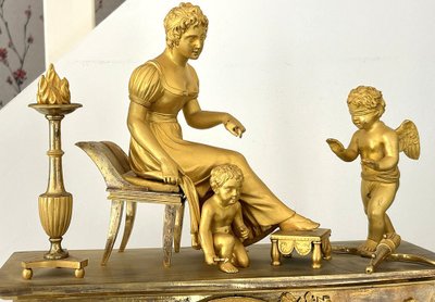 Pendule Empire bronze doré Vénus Cupidon aveugle Antéros Renaux Paris XIXè
