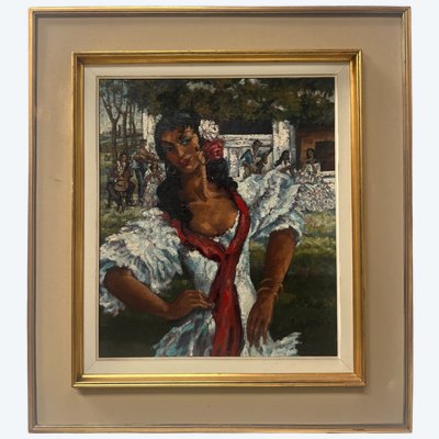 " La Gitane " huile sur toile encadrée. XX siècle