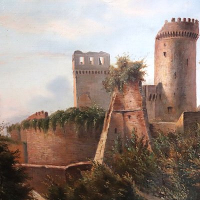 Paesaggio con castello, olio su tela firmato M.G., Italia, XVIII secolo