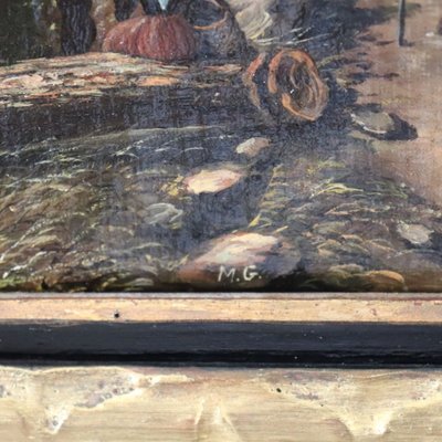 Paesaggio con castello, olio su tela firmato M.G., Italia, XVIII secolo