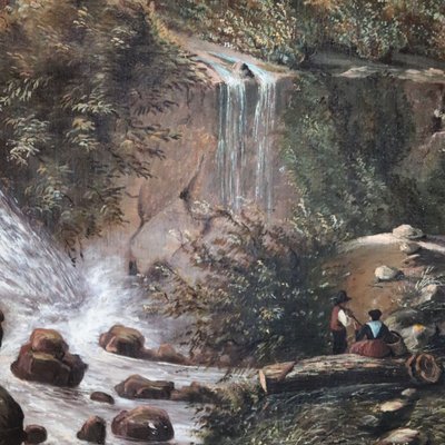 Paesaggio con castello, olio su tela firmato M.G., Italia, XVIII secolo