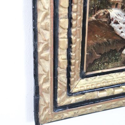 Paesaggio con castello, olio su tela firmato M.G., Italia, XVIII secolo
