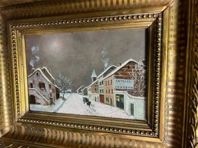 Paysage d’hiver – Huile sur toile dans son cadre en bois doré