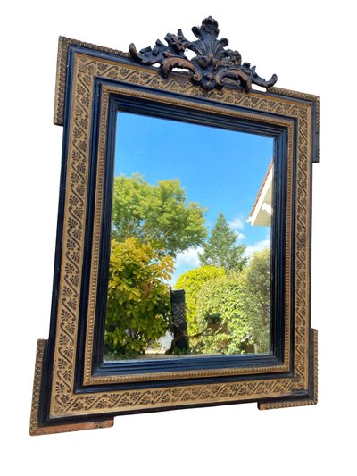 Miroir Napoléon III en Bois Noir et Doré,  XIXème, 60cm x 82cm