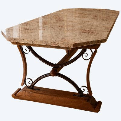 Large dining table made of polished granite with an oak and wrought-iron base 