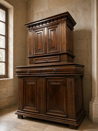 Two-section cabinet-style sideboard in molded walnut – Louis XIII period, 17th century