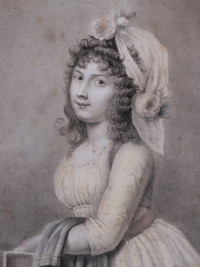 École FRANÇAISE fin XVIIIème siècle, Portrait de jeune femme, dessin ancien signé Augustin