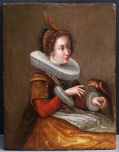 Frans FRANCKEN III, Noble dame tenant un oiseau, tableau ancien flamand (XVIIème)