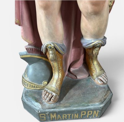 Importante sculpture d’église ou de chapelle en plâtre polychrome - Saint Martin 112 cm