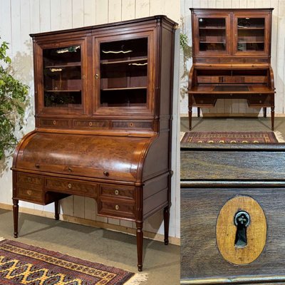 Bureau à cylindre bibliothèque d'époque Louis XVI en acajou et noyer avec serrures à trèfles 