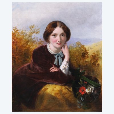 John PHILLIP, Portrait of a Beautiful English Woman Wearing a Flowered Hat, English painting