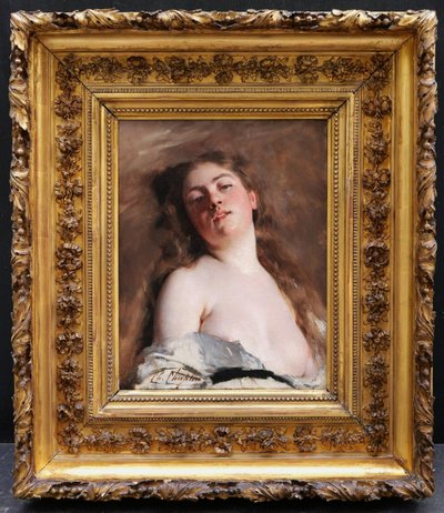 Charles Joshua CHAPLIN, Femme allongée à la poitrine dénudée, tableau de nu féminin