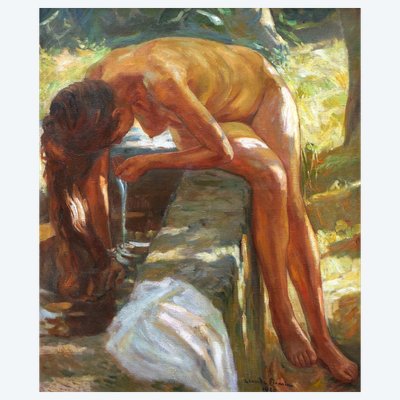 Claude FIRMIN, Donna nuda alla fontana ad Avignone, dipinto (GRANDE FORMATO)