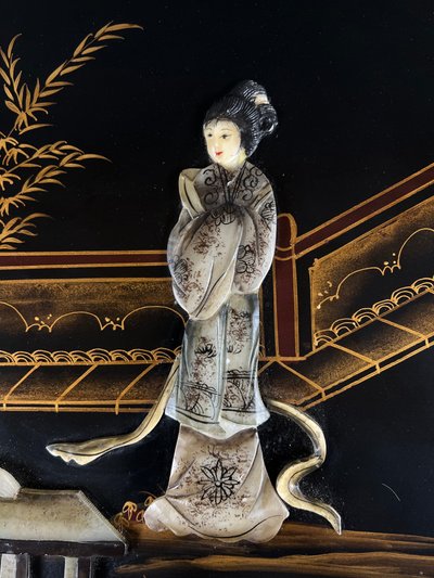 Chinoiserie-style Coffee Table Made Of Lacquered Wood With Mother-of-pearl Inlay, 20th Century