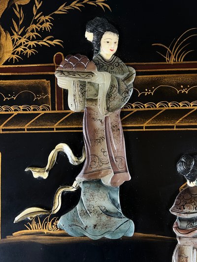 Chinoiserie-style Coffee Table Made Of Lacquered Wood With Mother-of-pearl Inlay, 20th Century