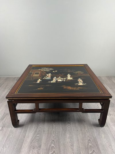 Chinoiserie-style Coffee Table Made Of Lacquered Wood With Mother-of-pearl Inlay, 20th Century