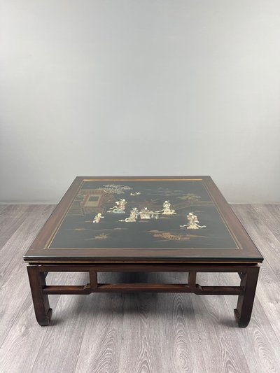 Chinoiserie-style Coffee Table Made Of Lacquered Wood With Mother-of-pearl Inlay, 20th Century
