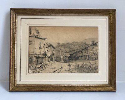 Ecole française du XIXe siècle - Vue de village - Dessin ancien encadré