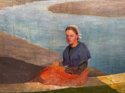 Jeune bretonne assise au bord de l’estuaire,grande  huile sur toile débutant XXème 