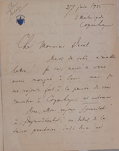 [Danemark - théatre] - Paul REUMERT - [1883 - 1968] - acteur danois - Correspondance autographe