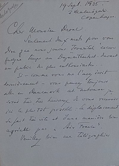 [Danemark - théatre] - Paul REUMERT - [1883 - 1968] - acteur danois - Correspondance autographe
