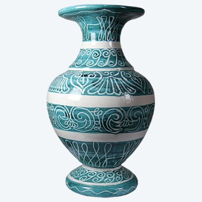 Grand vase balustre vintage en céramique turquoise à décor incisé