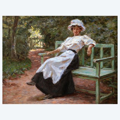 École FRANÇAISE circa 1900, Femme élégante assise sur un banc dans un parc, tableau