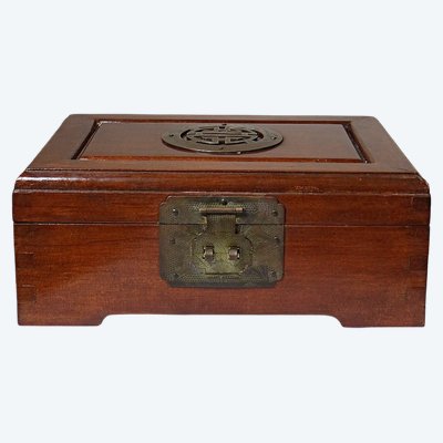 Boîte à bijoux bois vintage chinoise, décor Shou cuivre patiné 1970-1980