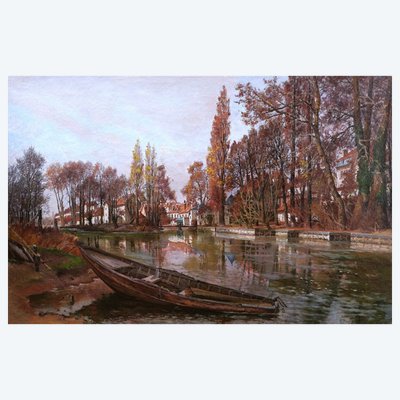 GUILLAUME-ROGER, Bords de rivière à la barque, probablement sur le Loiret, tableau grand format
