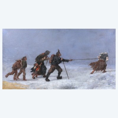 École FRANÇAISE XIXème siècle, Paysans dans la tempête (scène de chouannerie?), tableau
