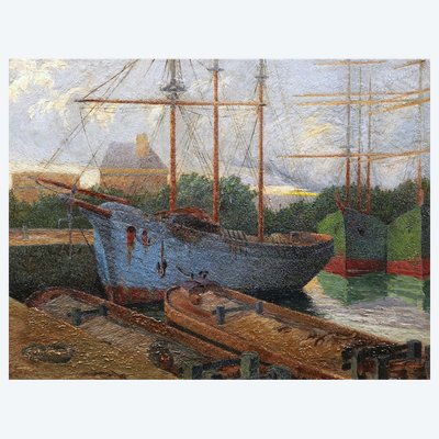 Französische, belgische oder niederländische Schule des Pointillismus, um 1900–1920, Boote und Lastkähne am Kai