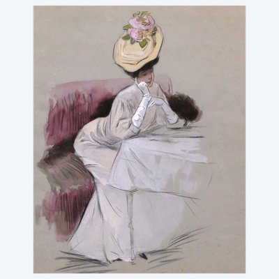 DRIAN zugeschrieben, „Elegante Frau mit Hut, an einen Tisch gelehnt“, Aquarellzeichnung einer Frau