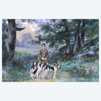Tristan LACROIX, Junger Hetzjäger mit seinen Hunden, Aquarell mit Jagdmotiv (Hetzjagd)