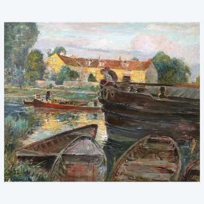 Richard RANFT, Scène animée sur une rivière avec deux enfants, tableau de paysage